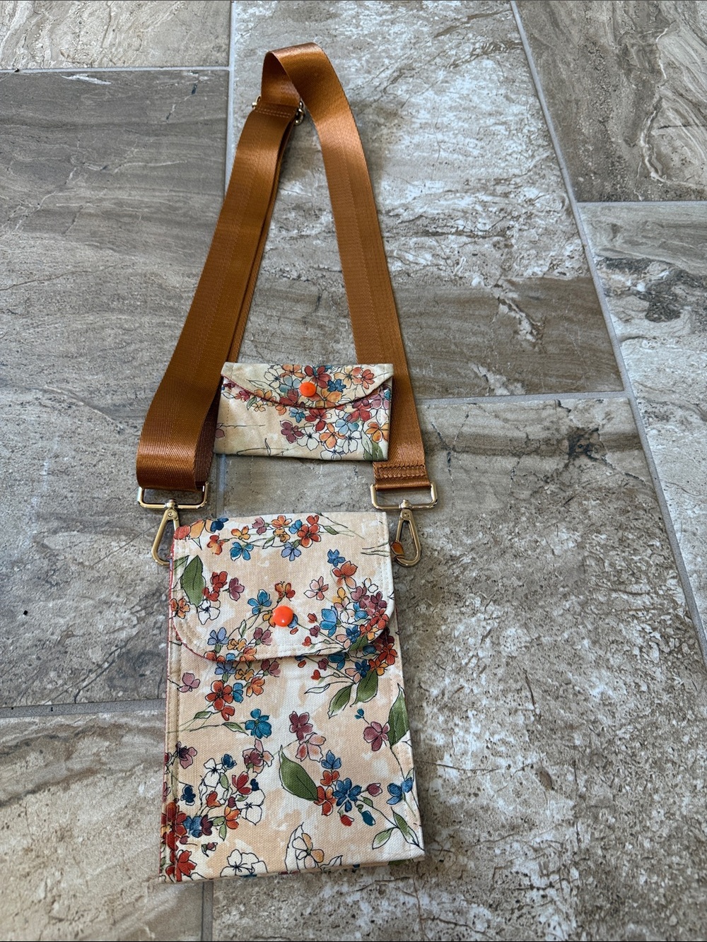 Floral Crossbody Phone Bag with Adjustable Tan Strap
